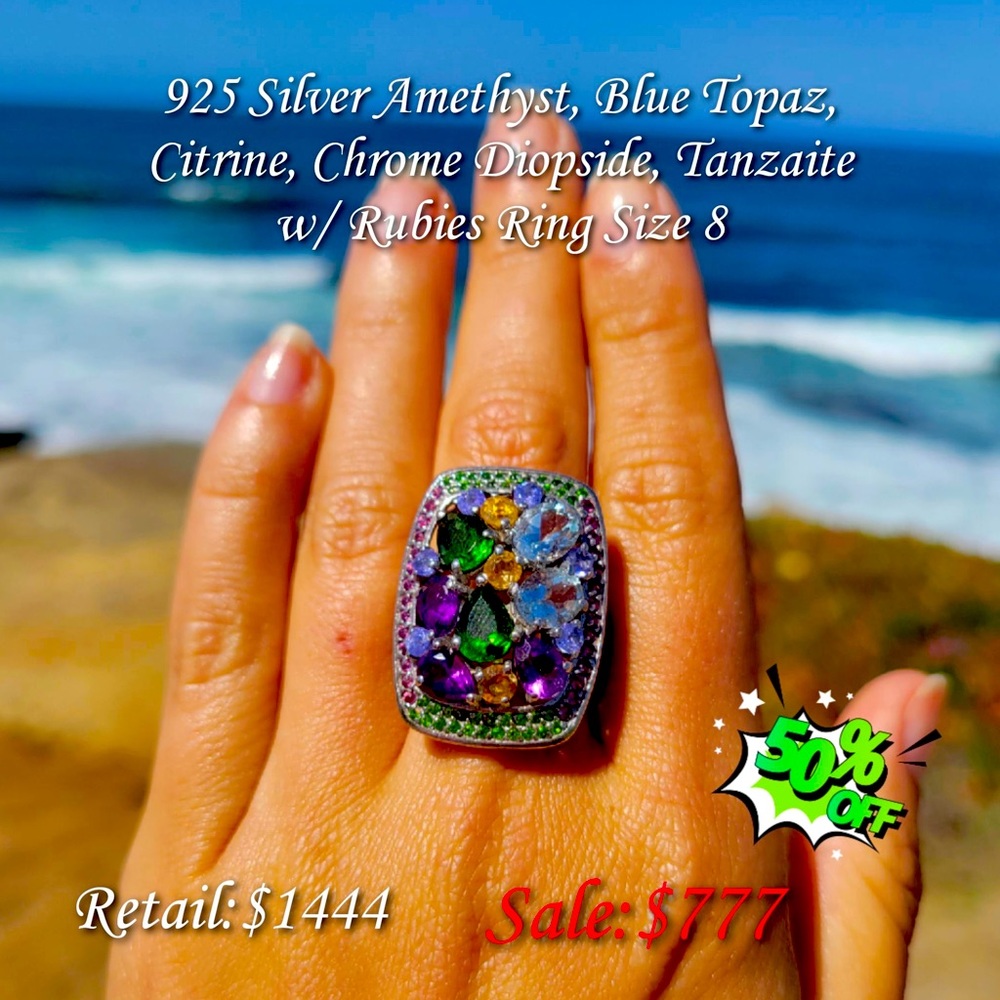 925 Sterling Silver Ring w/ Amethyst/Topaz/Citrine/Diopside/Tanzanite & Rubies!